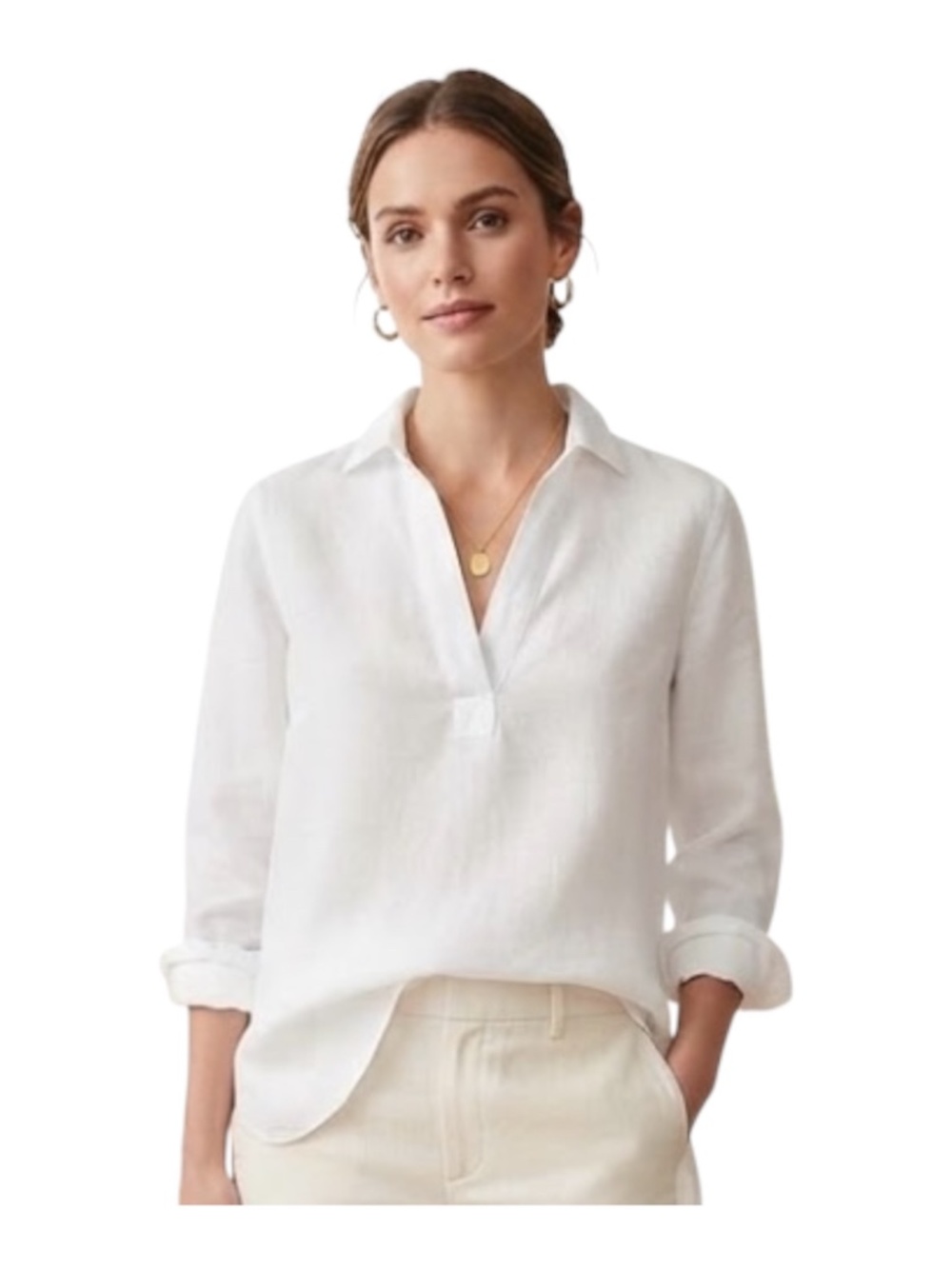 J.Crew Women’s Popover Linen Blend Shirt Sz S White Long Sleeve Quiet Luxury